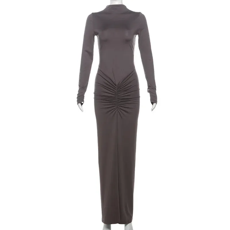 Ruched Mock Neck Maxi Dress Solid Color Bodycon Long Sleeve