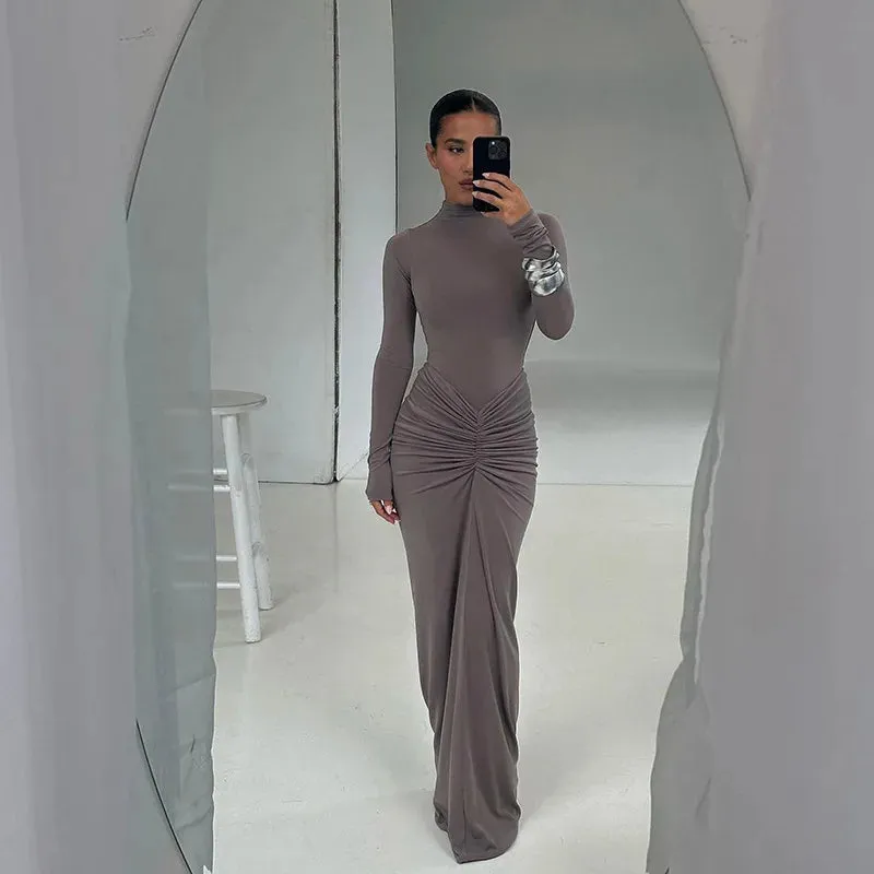 Ruched Mock Neck Maxi Dress Solid Color Bodycon Long Sleeve