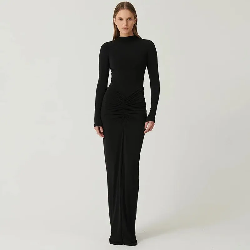 Ruched Mock Neck Maxi Dress Solid Color Bodycon Long Sleeve