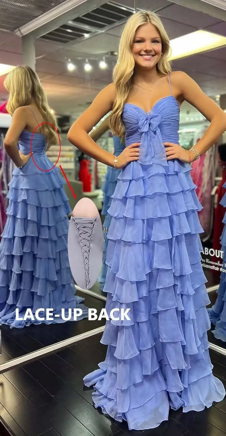 Ruffle Prom Dress with Slit Chiffon Flowy Formal Evening Dresses for Teens 2025