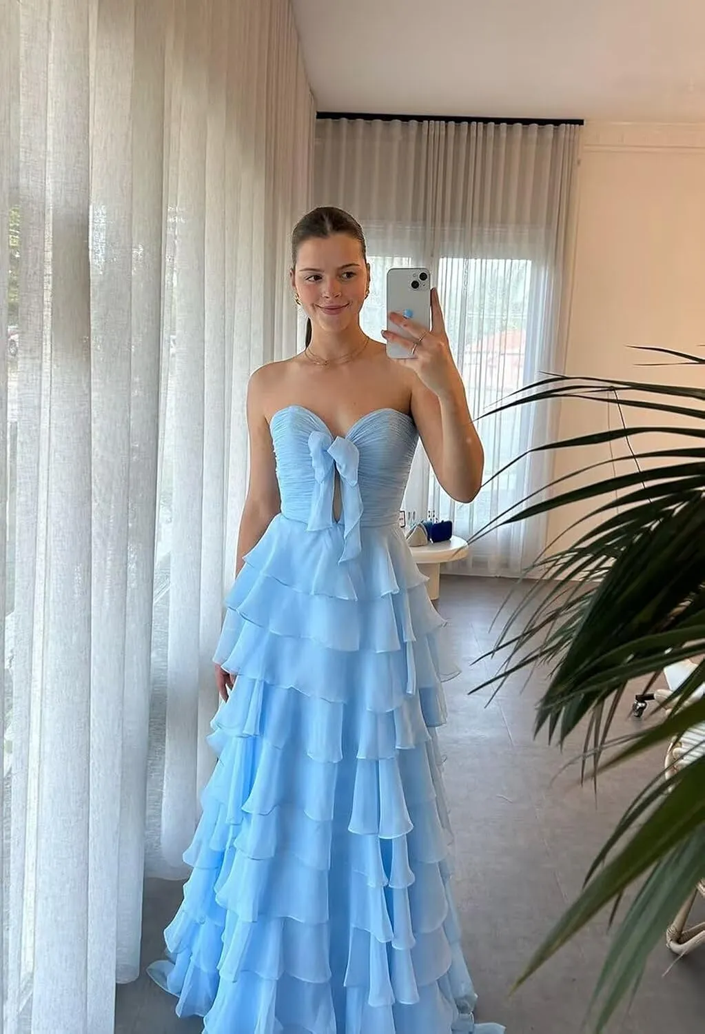 Ruffle Prom Dress with Slit Chiffon Flowy Formal Evening Dresses for Teens 2025
