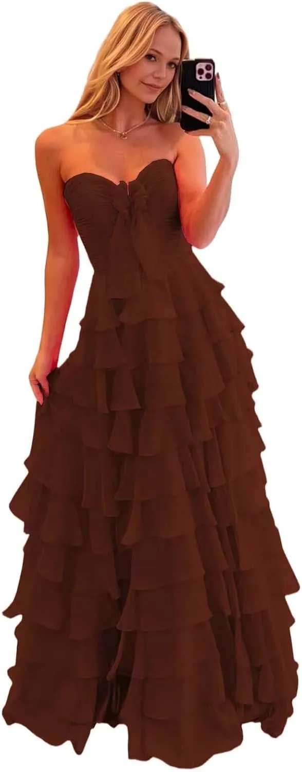 Ruffle Prom Dress with Slit Chiffon Flowy Formal Evening Dresses for Teens 2025