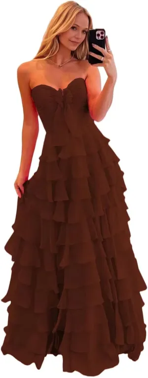 Ruffle Prom Dress with Slit Chiffon Flowy Formal Evening Dresses for Teens 2025