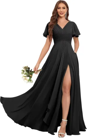 Ruffle Sleeves Bridesmaid Dresses for Women Wedding Long V Neck A Line Ruched Formal Dress with Pockets