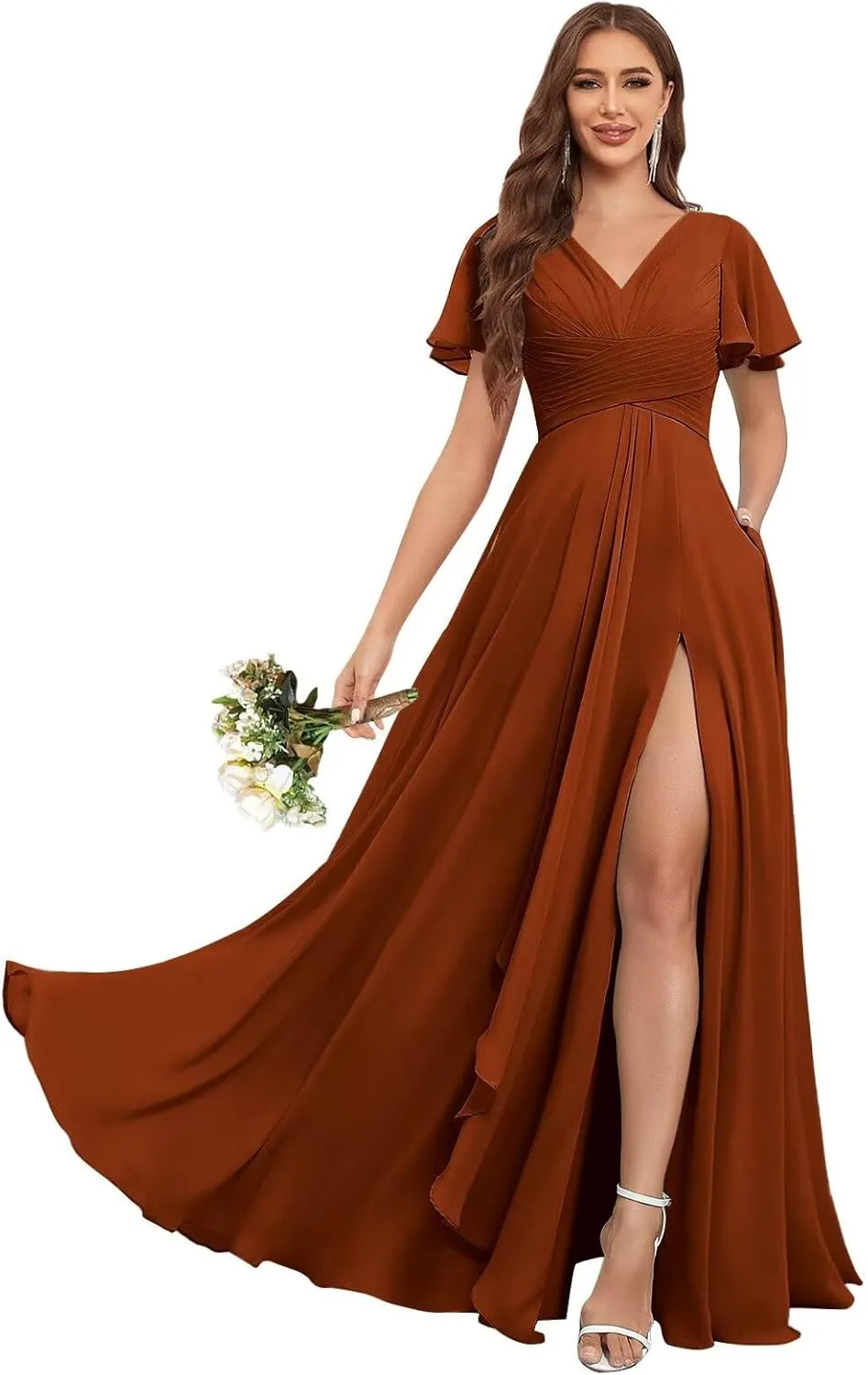 Ruffle Sleeves Bridesmaid Dresses for Women Wedding Long V Neck A Line Ruched Formal Dress with Pockets