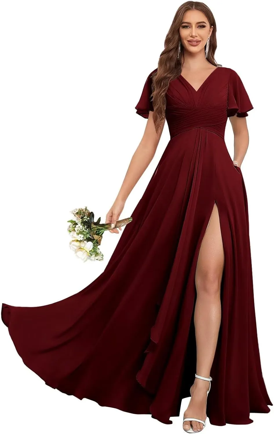Ruffle Sleeves Bridesmaid Dresses for Women Wedding Long V Neck A Line Ruched Formal Dress with Pockets