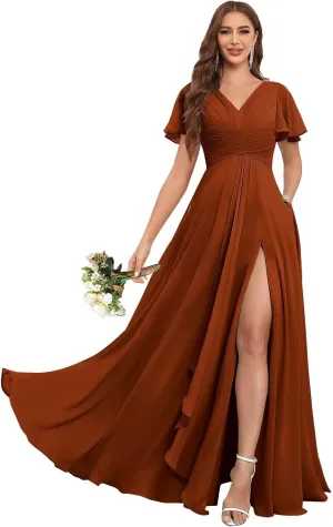 Ruffle Sleeves Bridesmaid Dresses for Women Wedding Long V Neck A Line Ruched Formal Dress with Pockets