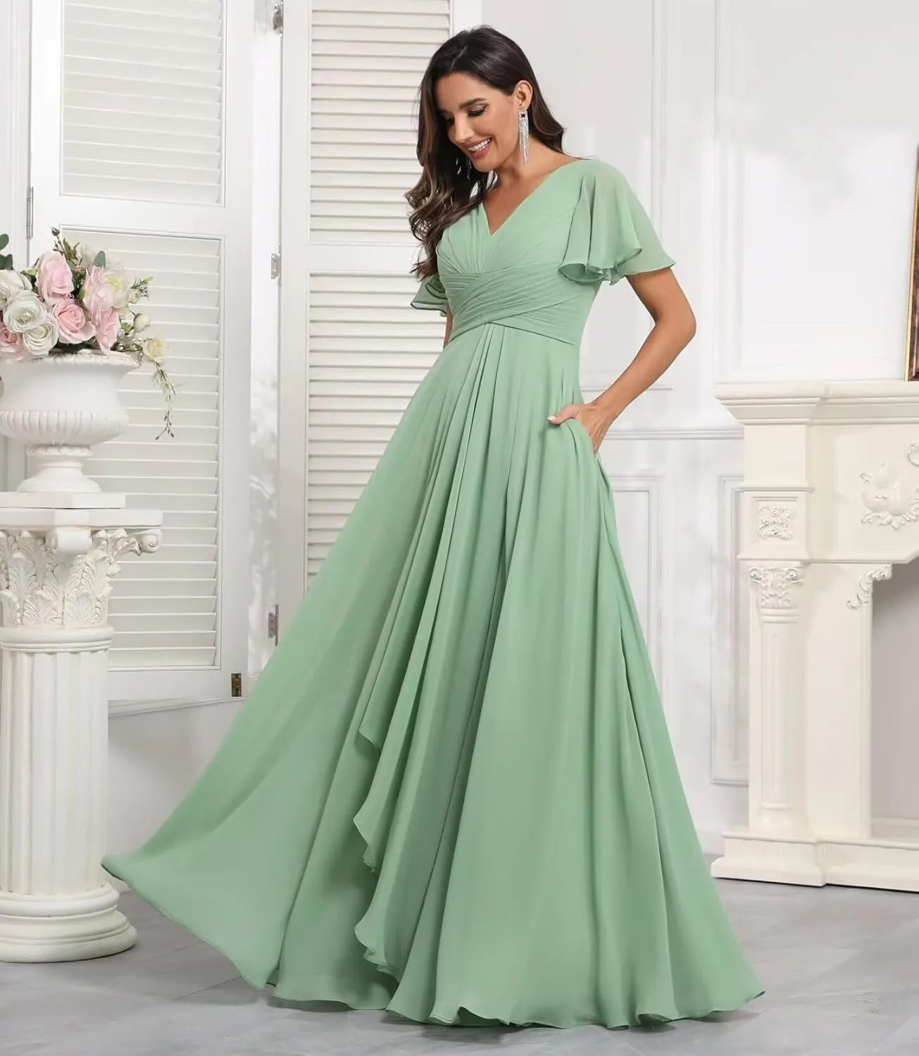 Ruffle Sleeves Bridesmaid Dresses for Women Wedding Long V Neck A Line Ruched Formal Dress with Pockets