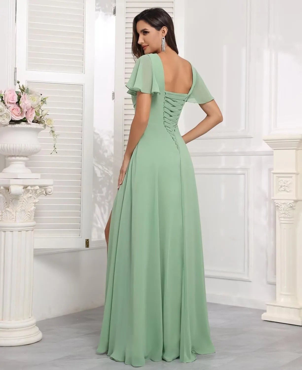 Ruffle Sleeves Bridesmaid Dresses for Women Wedding Long V Neck A Line Ruched Formal Dress with Pockets