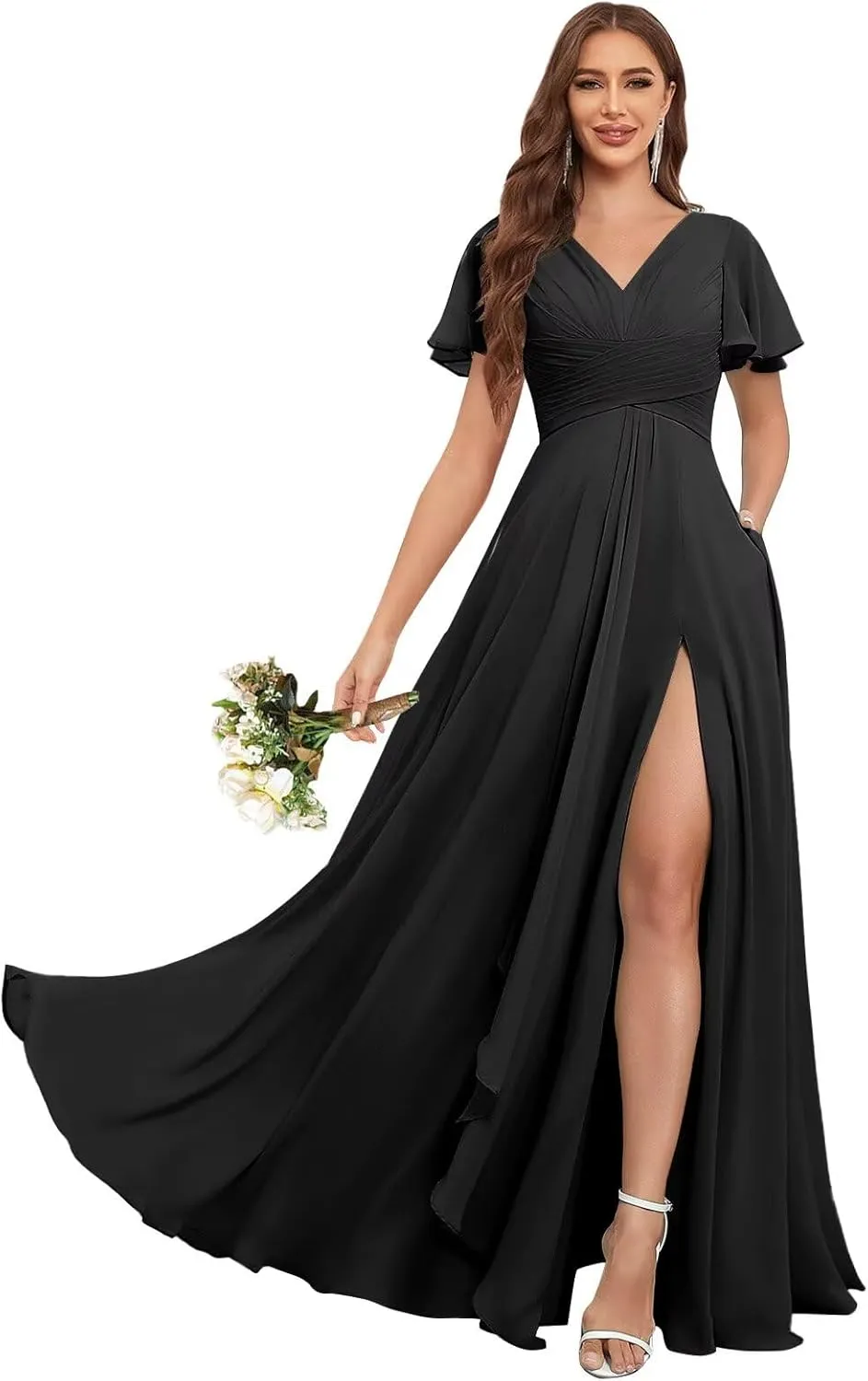 Ruffle Sleeves Bridesmaid Dresses for Women Wedding Long V Neck A Line Ruched Formal Dress with Pockets