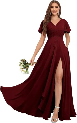 Ruffle Sleeves Bridesmaid Dresses for Women Wedding Long V Neck A Line Ruched Formal Dress with Pockets