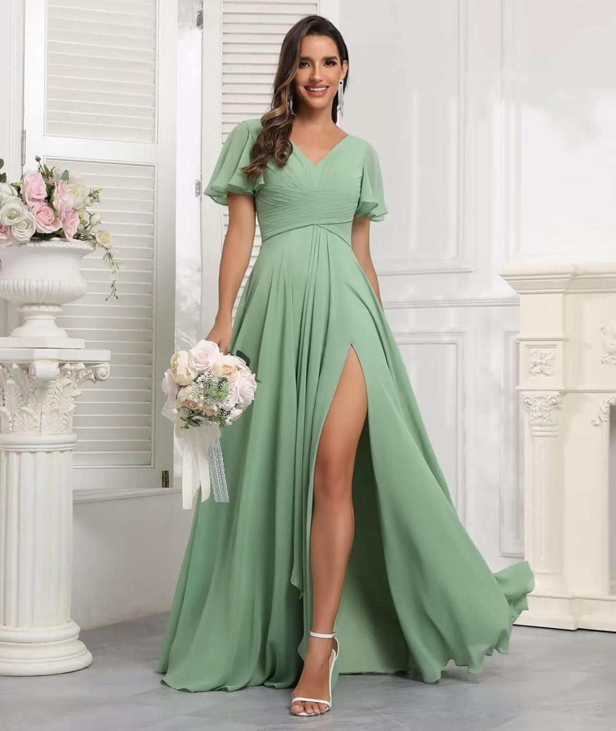 Ruffle Sleeves Bridesmaid Dresses for Women Wedding Long V Neck A Line Ruched Formal Dress with Pockets