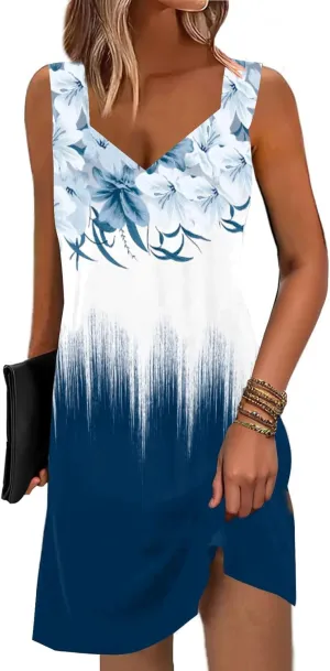 SAUKOLE Summer Dresses for Women Casual Sleeveless Tank Dress Trendy V Neck Loose Flowy Mini Sundress