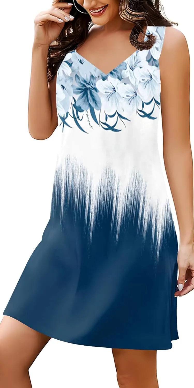 SAUKOLE Summer Dresses for Women Casual Sleeveless Tank Dress Trendy V Neck Loose Flowy Mini Sundress