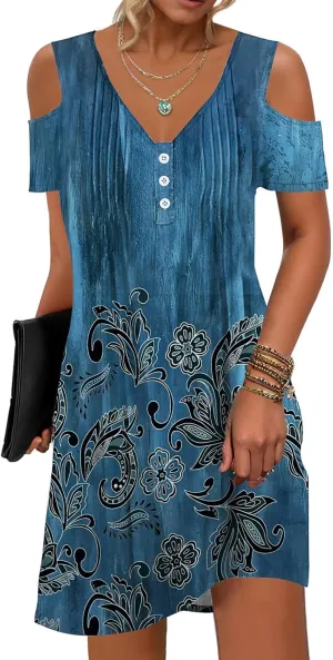 SAUKOLE Womens Summer Dresses Casual Cold Shoulder Sleeve Dress V Neck Pleated Front Sundress with Button