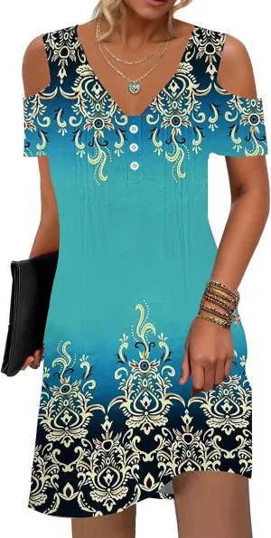 SAUKOLE Womens Summer Dresses Casual Cold Shoulder Sleeve Dress V Neck Pleated Front Sundress with Button
