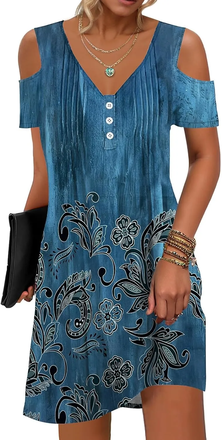 SAUKOLE Womens Summer Dresses Casual Cold Shoulder Sleeve Dress V Neck Pleated Front Sundress with Button