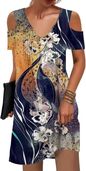 SAUKOLE Womens Summer Dresses Casual Cold Shoulder Sleeve Dress V Neck Pleated Front Sundress with Button