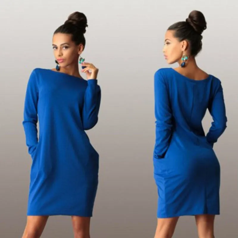 Scoop Long Sleeve Solid Pockets Loose Short Dress