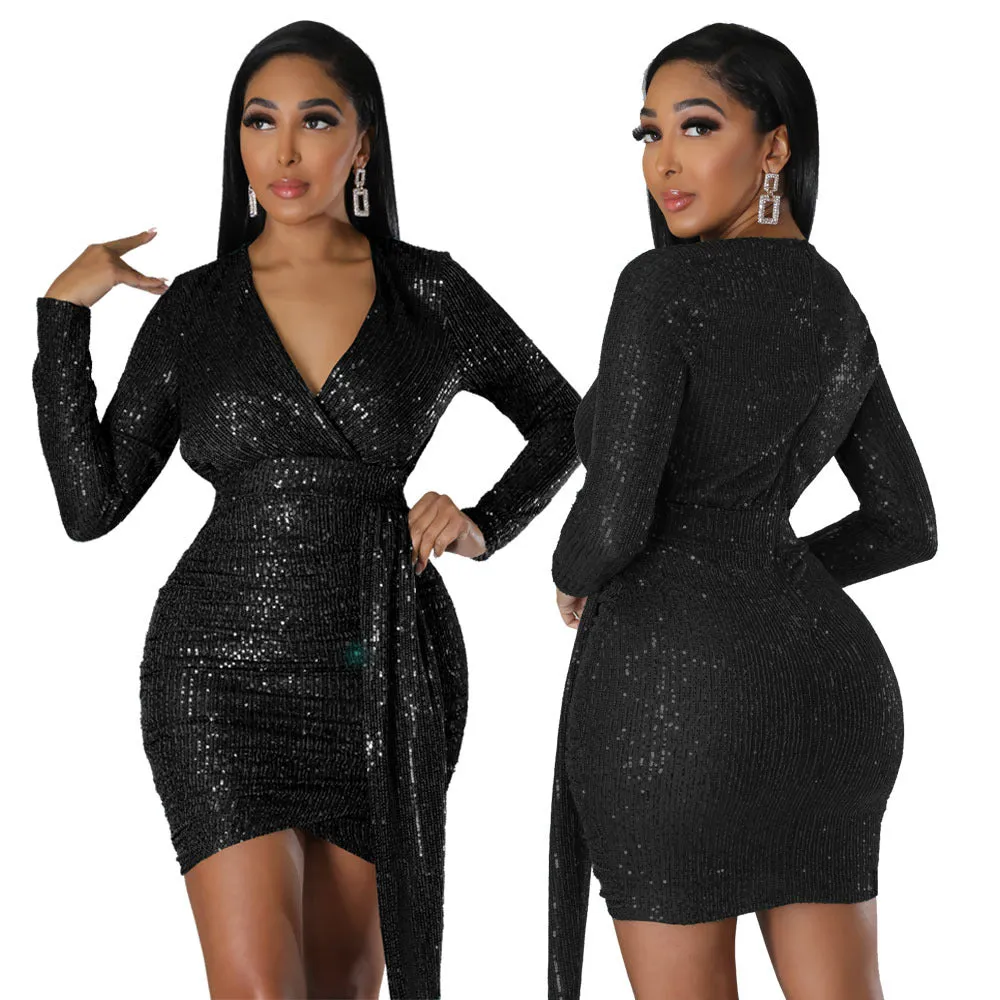 Seductively Elegant Deep V-neck Long Sleeve Delicate Shoulder Padding Dress