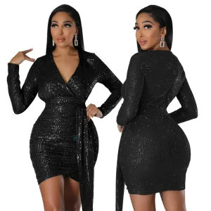 Seductively Elegant Deep V-neck Long Sleeve Delicate Shoulder Padding Dress