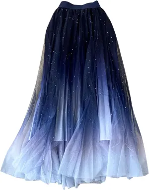 Sequin Long Tulle Skirt for Women High Waist Layered Maxi Tutu Skirts Elegant Gradient A-Line Party Wedding Tutu Skirts