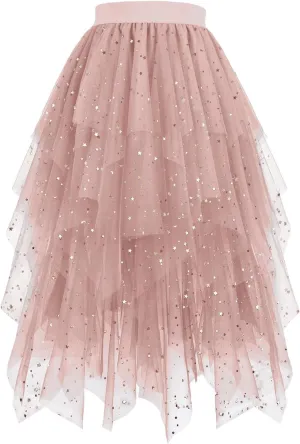 Sequin Skirt for Women Midi Long Tulle Skirts Tiered Tutu High Low Mesh Layered Elastic Waist Party Clothes
