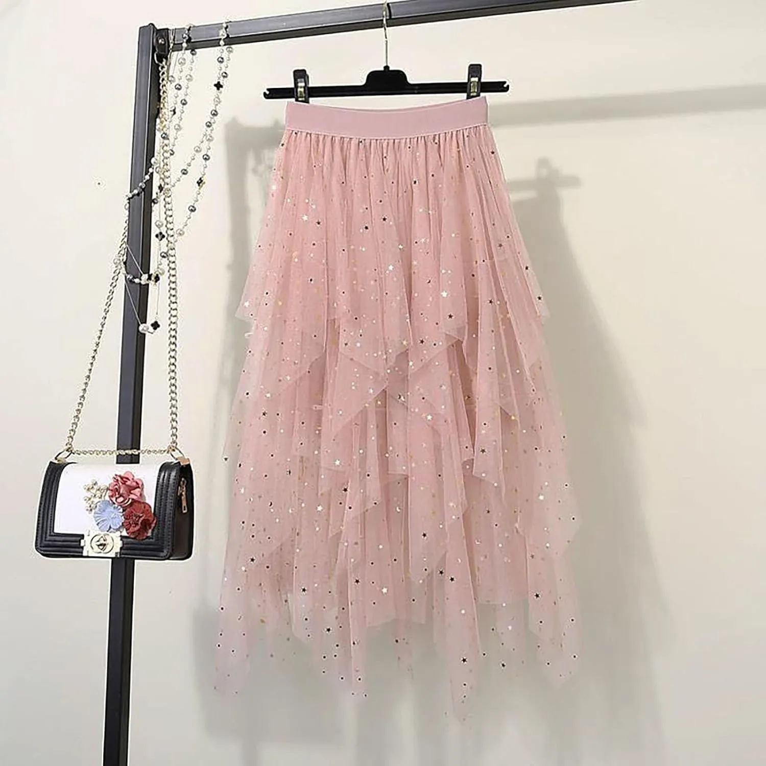 Sequin Skirt for Women Midi Long Tulle Skirts Tiered Tutu High Low Mesh Layered Elastic Waist Party Clothes