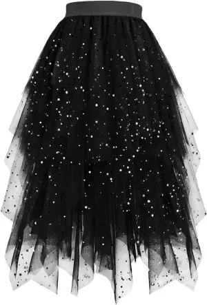 Sequin Skirt for Women Midi Long Tulle Skirts Tiered Tutu High Low Mesh Layered Elastic Waist Party Clothes