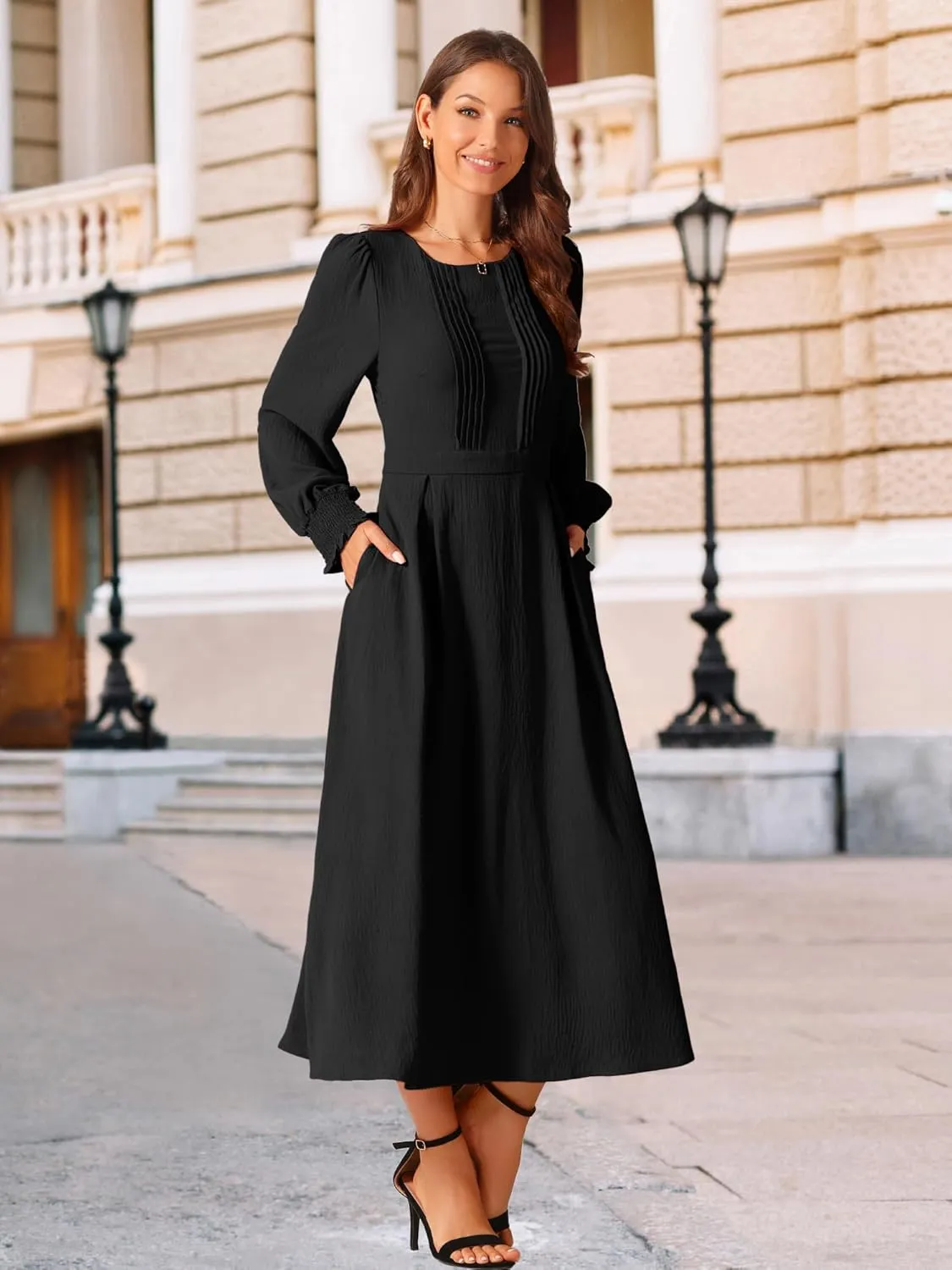 Seta T Women's Fall Midi Dress Frilled Crewneck Long Sleeve A-Line Elegant Flowy Casual Dresses with Pockets