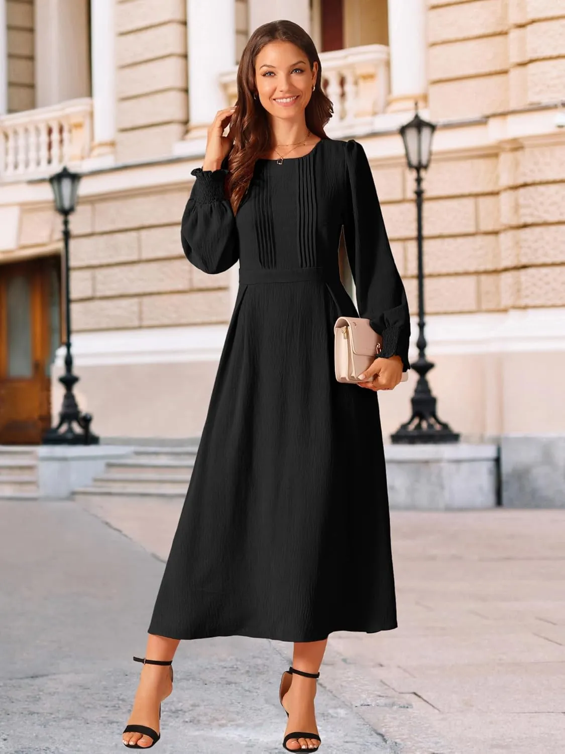 Seta T Women's Fall Midi Dress Frilled Crewneck Long Sleeve A-Line Elegant Flowy Casual Dresses with Pockets