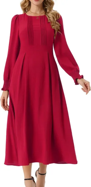 Seta T Women's Fall Midi Dress Frilled Crewneck Long Sleeve A-Line Elegant Flowy Casual Dresses with Pockets