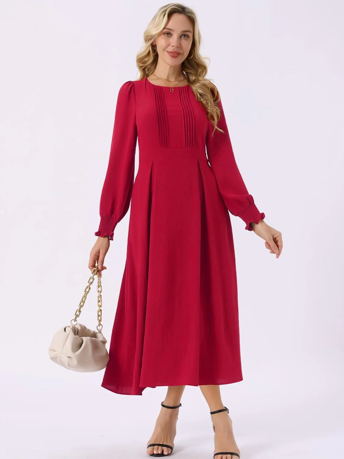 Seta T Women's Fall Midi Dress Frilled Crewneck Long Sleeve A-Line Elegant Flowy Casual Dresses with Pockets