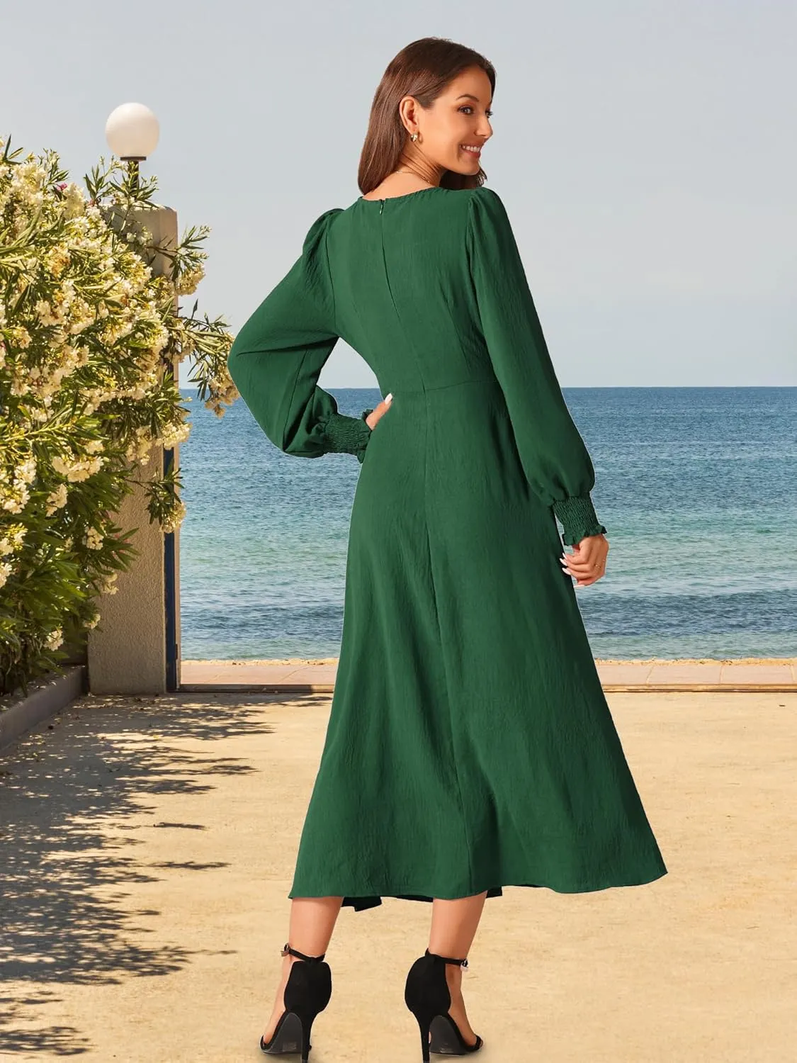 Seta T Women's Fall Midi Dress Frilled Crewneck Long Sleeve A-Line Elegant Flowy Casual Dresses with Pockets