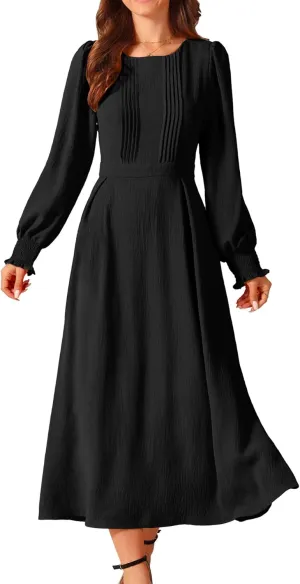 Seta T Women's Fall Midi Dress Frilled Crewneck Long Sleeve A-Line Elegant Flowy Casual Dresses with Pockets