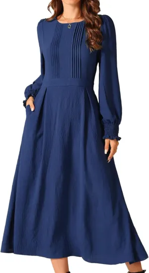 Seta T Women's Fall Midi Dress Frilled Crewneck Long Sleeve A-Line Elegant Flowy Casual Dresses with Pockets