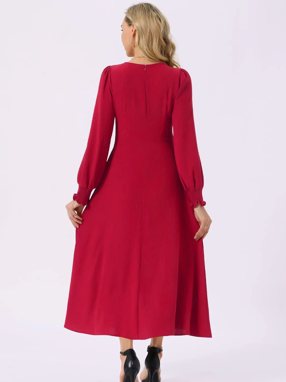 Seta T Women's Fall Midi Dress Frilled Crewneck Long Sleeve A-Line Elegant Flowy Casual Dresses with Pockets