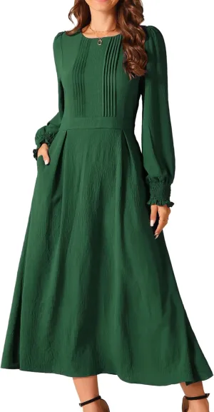 Seta T Women's Fall Midi Dress Frilled Crewneck Long Sleeve A-Line Elegant Flowy Casual Dresses with Pockets