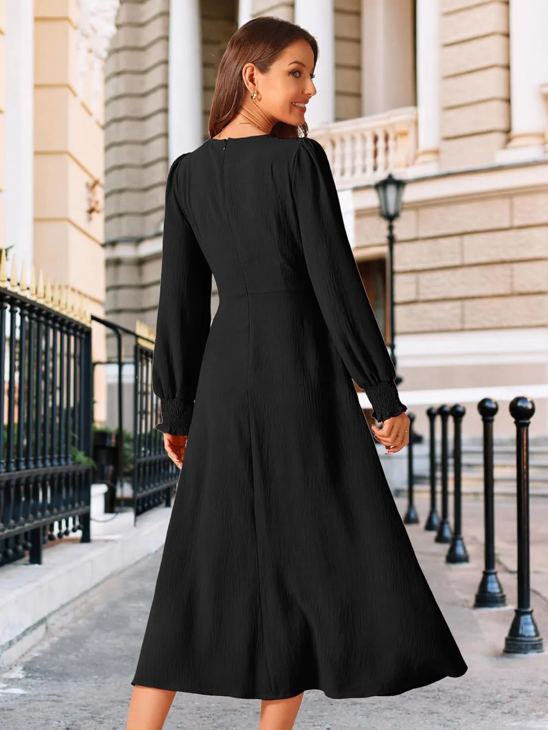 Seta T Women's Fall Midi Dress Frilled Crewneck Long Sleeve A-Line Elegant Flowy Casual Dresses with Pockets