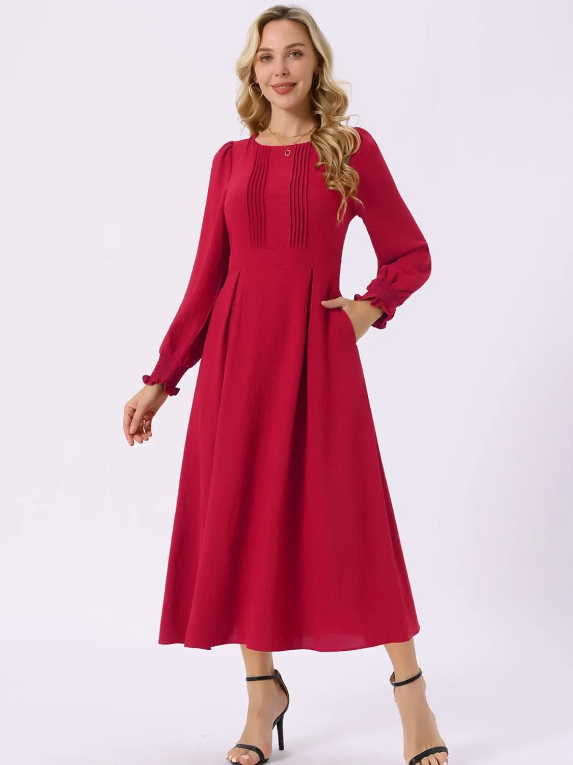 Seta T Women's Fall Midi Dress Frilled Crewneck Long Sleeve A-Line Elegant Flowy Casual Dresses with Pockets
