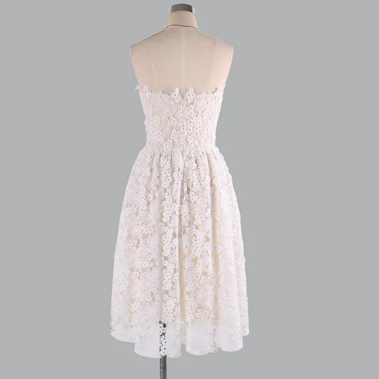 Sexy Strapless Floral Lace A-Line Pleated Short Bridesmaid Dress