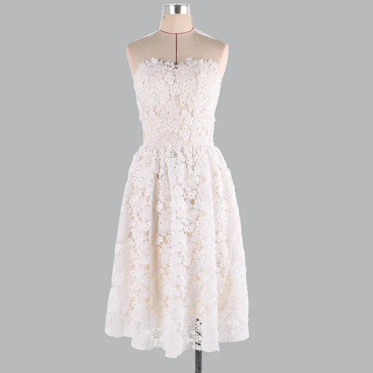 Sexy Strapless Floral Lace A-Line Pleated Short Bridesmaid Dress