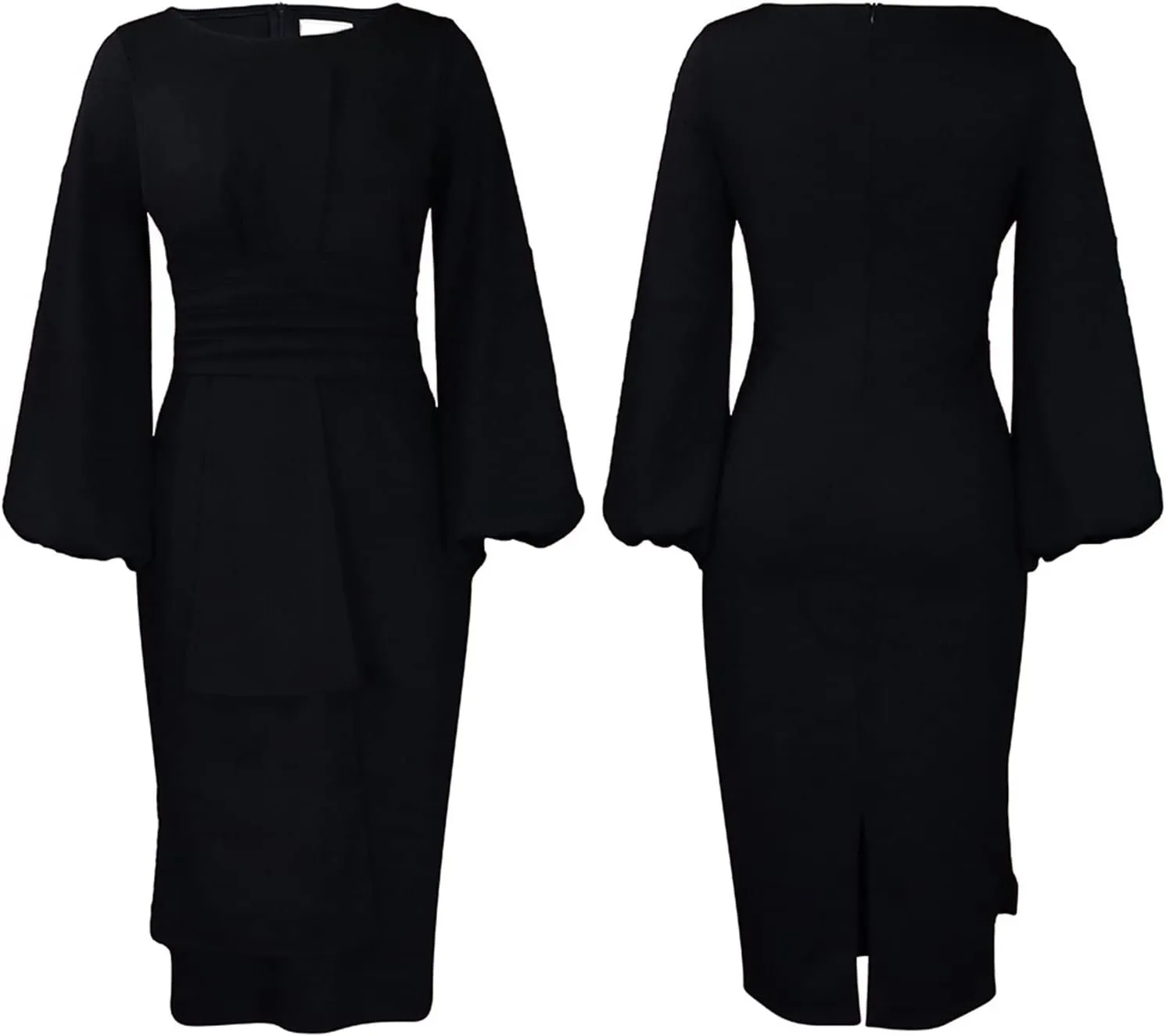 Sexyshine Women's Elegant Formal Dresses Puff Long Sleeve Round Neck Bodycon Business Office Pencil Midi Dress Plus Size