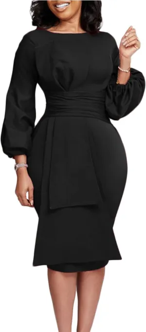 Sexyshine Women's Elegant Formal Dresses Puff Long Sleeve Round Neck Bodycon Business Office Pencil Midi Dress Plus Size
