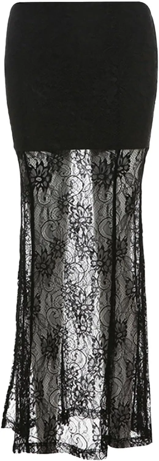 Sheer Mesh Long Skirt for Women Stretchy Tulle Sexy Maxi Skirt Beachwear See-Through Bodysuit Cover Up