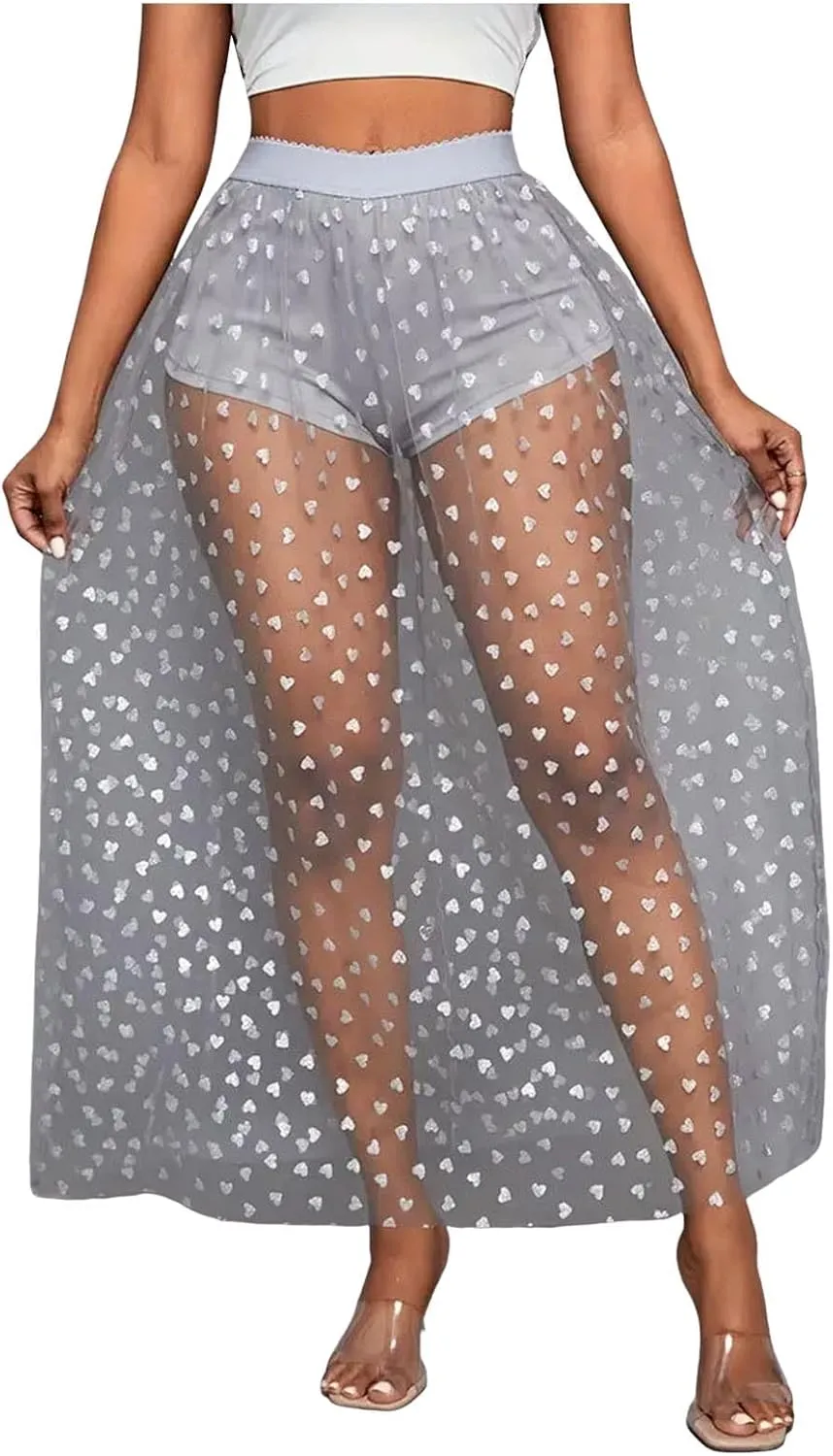 Sheer Mesh Long Skirt for Women Stretchy Tulle Sexy Maxi Skirt Beachwear See-Through Bodysuit Cover Up