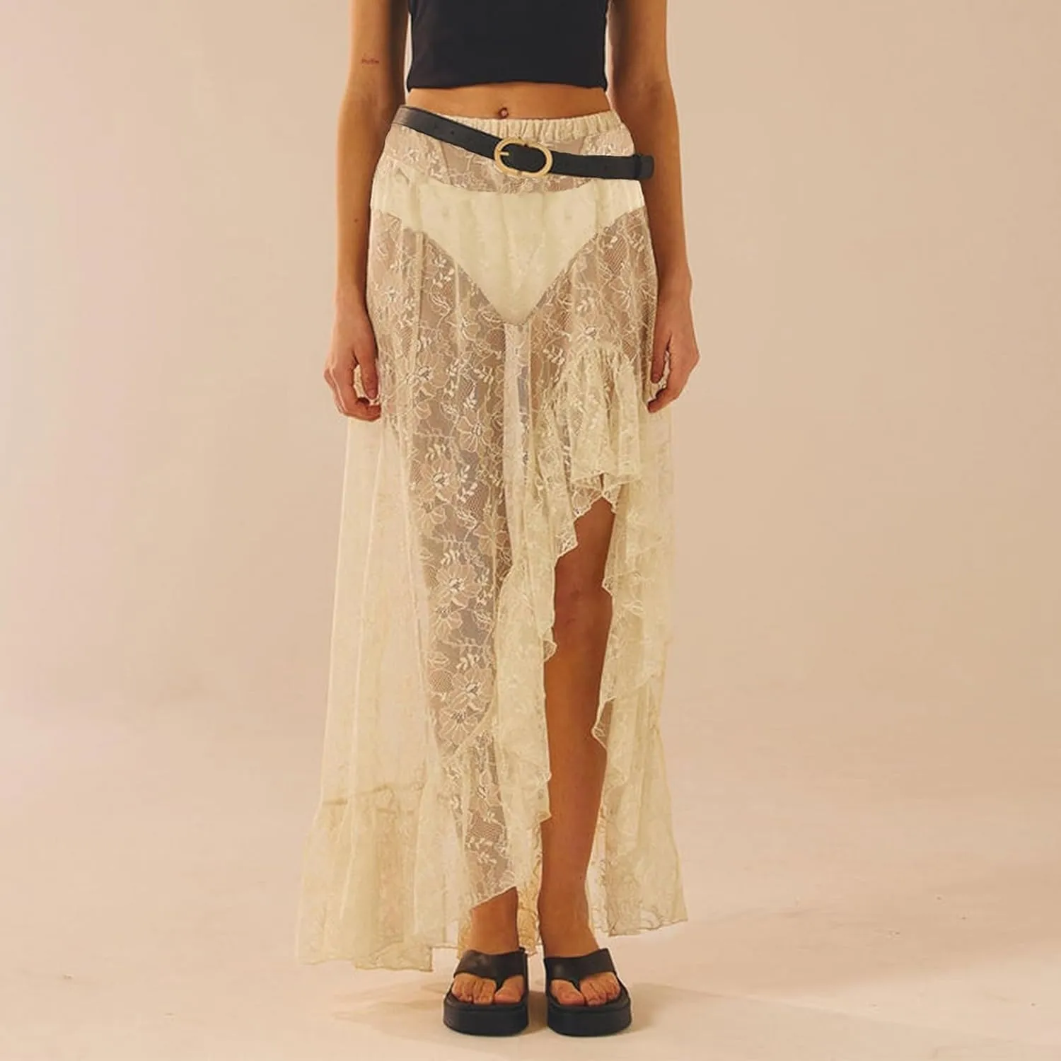 Sheer Mesh Long Skirt for Women Stretchy Tulle Sexy Maxi Skirt Beachwear See-Through Bodysuit Cover Up