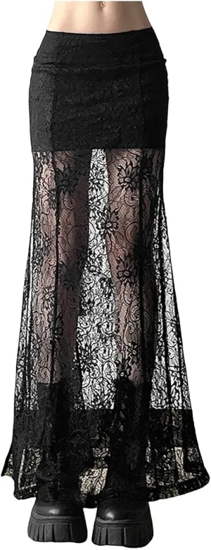 Sheer Mesh Long Skirt for Women Stretchy Tulle Sexy Maxi Skirt Beachwear See-Through Bodysuit Cover Up