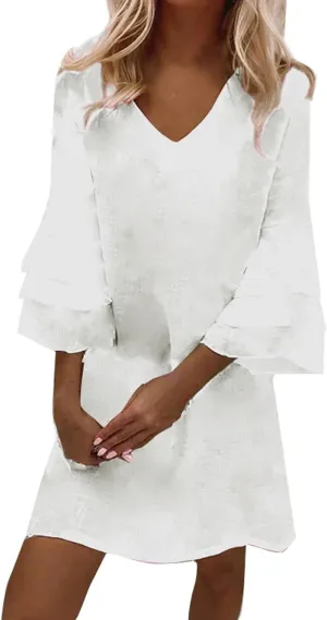 Shift Dress for Women Casual V Neck Loose Swing Mini Dress Layered Ruffles 3/4 Sleeve Casual Summer Floral Sundress