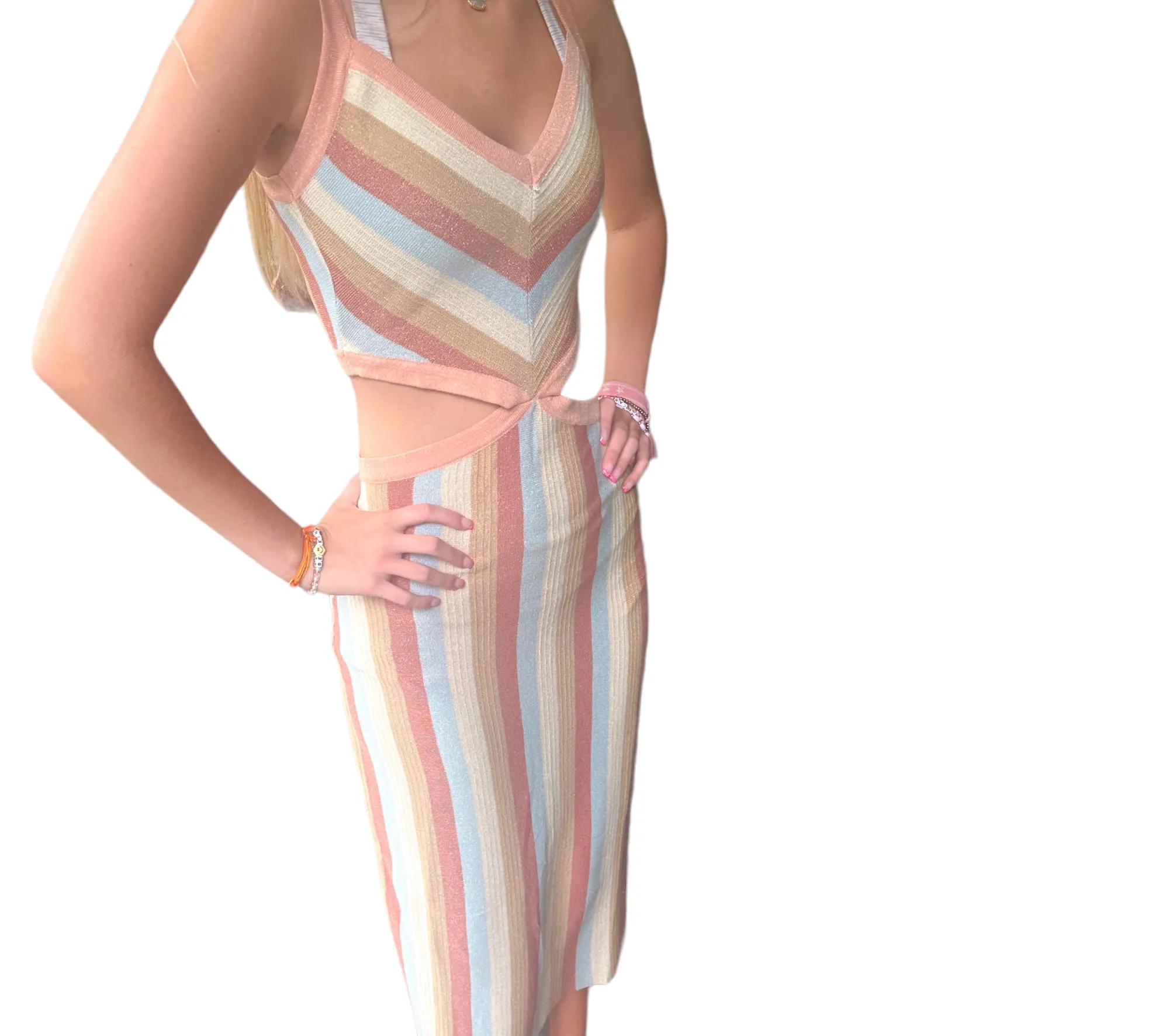 Shimmering Stripes Cut-Out Midi Dress with Back Slit